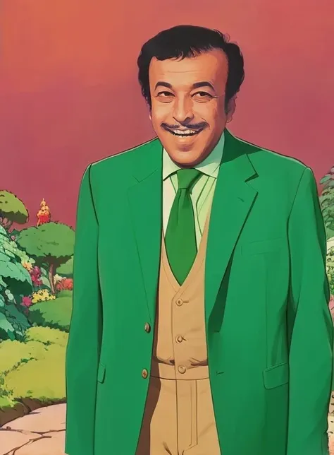 sadri_alisik in green suit,cheerful,telling a joke to his friends,<lora:sadri_alisik-000007:0.9>,, Studio ghibli style, Art by Hayao Miyazaki:1.2, Anime Style, Manga Style, Hand drawn, cinematic, Sharp focus, humorous illustration, big depth of field, Masterpiece, concept art, trending on artstation, Vivid colors, Simplified style, trending on ArtStation, trending on CGSociety, Intricate, Vibrant colors, Soft Shading, Simplistic Features, Sharp Angles, Playful