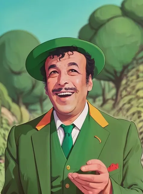 sadri_alisik in green suit,cheerful,telling a joke to his friends,<lora:sadri_alisik-000007:0.9>,, Studio ghibli style, Art by Hayao Miyazaki:1.2, Anime Style, Manga Style, Hand drawn, cinematic, Sharp focus, humorous illustration, big depth of field, Masterpiece, concept art, trending on artstation, Vivid colors, Simplified style, trending on ArtStation, trending on CGSociety, Intricate, Vibrant colors, Soft Shading, Simplistic Features, Sharp Angles, Playful