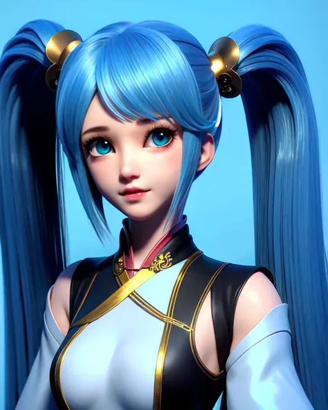 1girl, blue_eyes, blue_hair, gradient, gradient_background, hair_ornament, hatsune_miku, lips, long_hair, long_sleeves, looking_at_viewer, scrunchie, shirt, solo, upper_body, very_long_hair,looking at viewer,