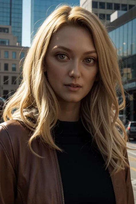 <lora:mondongo_LoRA_GeorgiaHirst:1> mndngwmn, blond hair, (ultra realistic, 8k,high quality), wearing a leather jacket, on a city downtown, above the waist photo