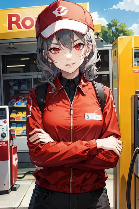 evil smile, <lora:zs_Izanamip4:0.7> izanamidef, grey hair, red cap, red sleeves, yellow shirt, employee, gas station, collared shirt, gas pump nozzle,, ultra detailed, masterpiece, best quality,