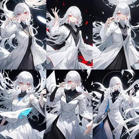 (otherworldly, otherworldly atmosphere, otherworldly appearance), highly insanely detailed, masterpiece, top quality, best quality, highres, 4k, 8k, RAW photo, (long_hair, long hair), collar, earrings, jewelry,
(random colors cloth, random colors hair, random long hair, dynamic hair, glowing hair),
sparking lips, eyeliner, makeup, hair over one eye,
(dynamic pose), (dynamic weather),
<lora:zs_Izanamip4:1>, izanamidef, white robe, grey hair,
(smiling at viewer), (fantasy world)