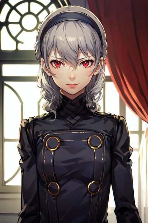 evil smile, <lora:zs_Izanamip4:1> izanamidef, grey hair,  <lora:Velvet-Room-F-OutfitV2_Fp:1> velvetfoutfitv2, pantyhose, hairband,, ultra detailed, masterpiece, best quality,