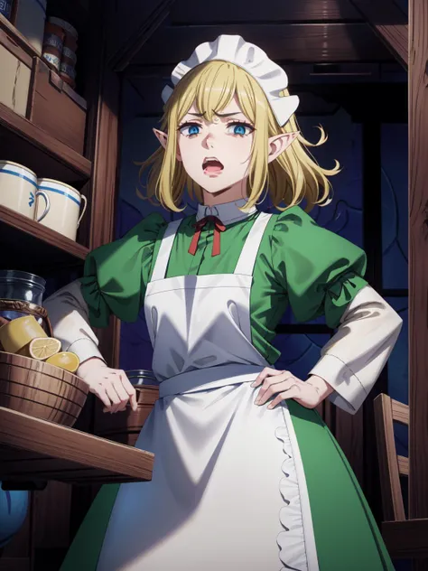 (masterpiece:1.2, best quality:1.1, highres,absurdres, high quality),(photorealistic:1.1),reflected light, colorful,ultra-detailed, ultra hd, super detailed,
eft_ryu, blonde hair, pointy ears, blue eyes,(flat chest,small breasts), maid headdress, (green dress, apron),tavern, looking down, from below, (disgusted face,disgust, (shaded face):1.3), open mouth,indoors,
<lora:eft_ryu-02:0.7> <lora:disgusted:1> <lora:LowRA:0.3>