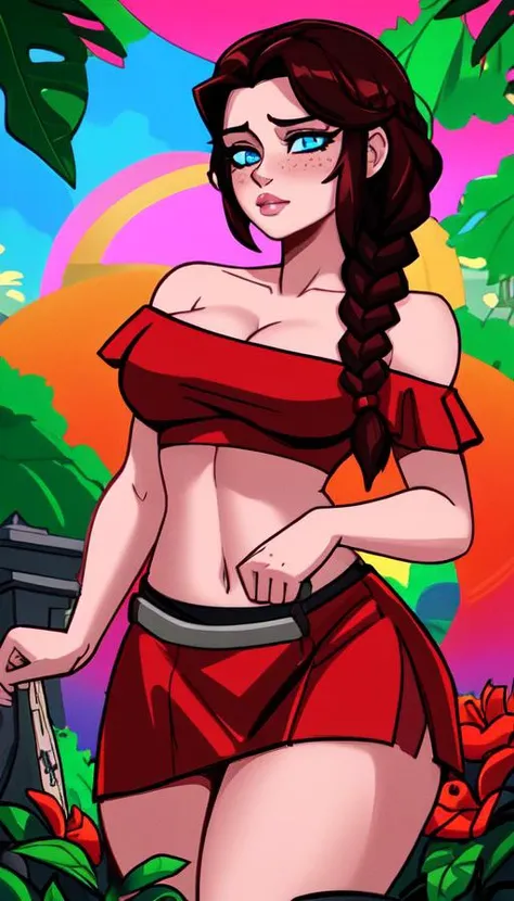 (dreamlikeart style:1.2),( redshift style:0.7),(analog style:0.7), (studio_ghibli_anime_style style:0.9), (copeseethemald style:0.8),(thepit bimbo:1),(glossy sexy bimbo:1),

([Gina Carano|Emma Stone]:1.1),young woman,1girls, solo, detailed face,  symmetric, glossy braids, cute,  plunging neckline,  large round breast,  lips,
light goth esthetic, (blue eyes:1.1),(realistic pupils),
dark brown hair,
red shirt, red top, off shoulder red crop top strapless red, cleavage, big breast, small dress, boobs overflow,

centered, looking aside, standing, centered, skin pores, subsurface scattering, detailed skin,midriff,
[(colors psychedelic explosion colorful paint:1.2)::0.25],(freckles:0.67),realistic proportions,

Temple in background, ancient city, green jungle, colorful flowers, tropical foliage,

masterpiece, best quality, realistic, hyperrealistic,  sharp focus, absurdres, good anatomy,