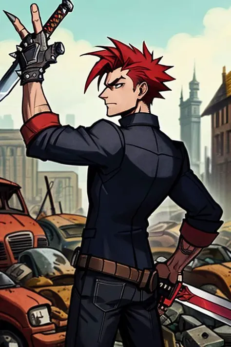 masterpiece, a raggedly clothed vagrant with spiky red hair and a sword on his back, in a junkyard looking into the distance, camera far, camera high
