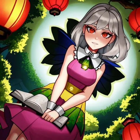 hyperrealism, natural, Shooting gallery, gems theme, kaleidoscope style <lora:kaleidoscope:0.35>
highres, dramatic,
,Young woman in a floral sundress reading a book under the shade of a majestic oak tree in a park, floating lanterns illuminating the sky, Silver accents adorn her collar and cuffs