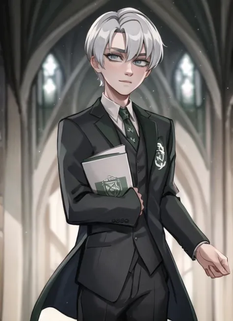 masterpiece, best quality, drk1ma1, <lora:Draco Malfoy:1>, slytherin, looking at viewer, 1boy, grey eyes