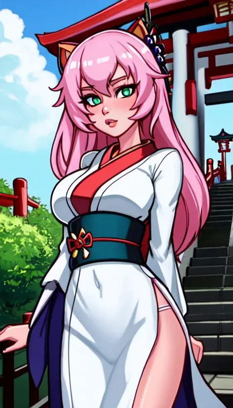 (dreamlikeart style:0.5),( redshift style:0.5),(analog style:0.5),(mdjrny-v4 style:0.5), (studio_ghibli_anime_style style:0.9), (copeseethemald style:0.5),(thepit bimbo:1.2),(glossy sexy bimbo:1.2),

([Irina Shayk|Jennifer Lawrence]:1.2),geisha, woman, 1girl,masterpiece,closeup,
beautiful, long_hair, looking_at_viewer,face focus,
beautiful detailed green_eyes,hands down, (arms_behind_back:1.2),
smooth skin, (subsurface skin scattering:1), shiny skin,vax,plastic,
floral_print,japanese_clothes, wide_sleeves,kimono pattern, kimono,

pets, cat, dog, fox,daruma_d_oll, lantern, maneki-neko, torii, obi, outdoors, paper_lantern,msash, shiba_inu,  stairs, torii, youkai,Japanese d_olls,
cherry blossom, Japan,Tokyo,train station,

intricate, concept art,
realistic proportions, (painterly:0.7),