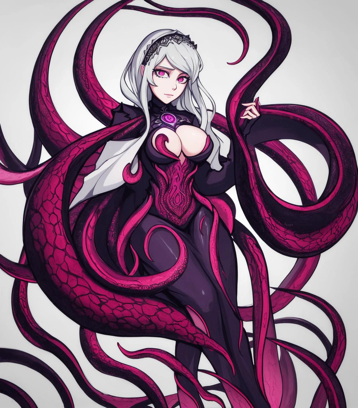 masterpiece, facing viewer, centered, absurdres, realistic, (photorealistic), full body shot, highly detailed, solo, female Byrgenworth scholar transforming into an Eldritch horror, tentacles in background, floating eyes in background, lovecraft, Eldritch horror,beautiful face,