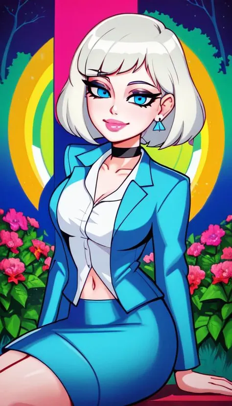 (dreamlikeart style redshift style analog style:1.2),mdjrny-v4 style, studio_ghibli_anime_style style, copeseethemald style,thepit bimbo,glossy sexy bimbo,

1girl, solo,

pantsuit, business suit, elegant suit, three piece suit, white shirt, skirt,
[Emma Stone:Ashley Graham:0.60]
beautiful detailed blue_eyes,
smile,
outside, nature, trees, flowers,
medium shot,
crossed legs,

[(colorful explosion psychedelic paint colors:1.2)::0.20],

cover art, illustration, studio shot, (anime:0.8),

smooth skin,oily skin, subsurface skin scattering, shiny skin, vax, 3d, plastic,
choker, earrings, eyelashes, eyeshadow, lips, lipstick, jewelry, makeup, nose, parted_lips, navel,(delicious:0.7)