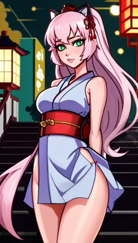 (dreamlikeart style:0.5),( redshift style:0.5),(analog style:0.5),(mdjrny-v4 style:0.5), (studio_ghibli_anime_style style:0.9), (copeseethemald style:0.5),(thepit bimbo:1.2),(glossy sexy bimbo:1.2),

([Irina Shayk|Jennifer Lawrence]:1.2),geisha, woman, 1girl,masterpiece,closeup,
beautiful, long_hair, looking_at_viewer,face focus,
beautiful detailed green_eyes,hands down, (arms_behind_back:1.2),
smooth skin, (subsurface skin scattering:1), shiny skin,vax,plastic,
floral_print,japanese_clothes, wide_sleeves,kimono pattern, kimono,

pets, cat, dog, fox,daruma_d_oll, lantern, maneki-neko, torii, obi, outdoors, paper_lantern,msash, shiba_inu,  stairs, torii, youkai,Japanese d_olls,
cherry blossom, Japan,Tokyo,train station,

intricate, concept art,
realistic proportions, (painterly:0.7),