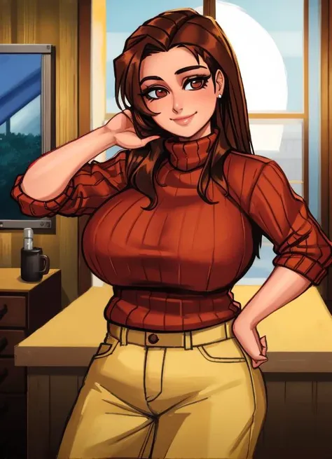 1girl, brown_eyes, breasts, brown_hair, denim, hand_on_hip, hand_on_own_chest, indoors, large_breasts, long_hair, looking_at_viewer, makeup, pants, ribbed_sweater, smile, solo, sweater, turtleneck, window, ((mature woman)), ((plump)), housewife, forehead, parted_hair, chubby