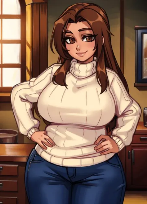 1girl, brown_eyes, breasts, brown_hair, denim, hand_on_hip, hand_on_own_chest, indoors, large_breasts, long_hair, looking_at_viewer, makeup, pants, ribbed_sweater, smile, solo, sweater, turtleneck, window, ((mature woman)), ((plump)), housewife, forehead, parted_hair, chubby