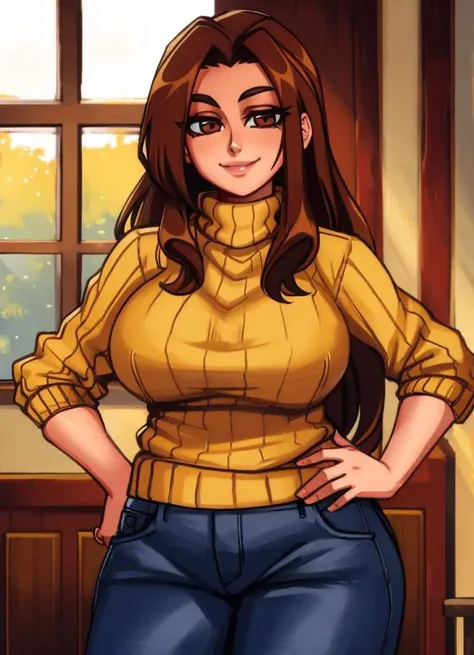 1girl, brown_eyes, breasts, brown_hair, denim, hand_on_hip, hand_on_own_chest, indoors, large_breasts, long_hair, looking_at_viewer, makeup, pants, ribbed_sweater, smile, solo, sweater, turtleneck, window, ((mature woman)), ((plump)), housewife, forehead, parted_hair, chubby