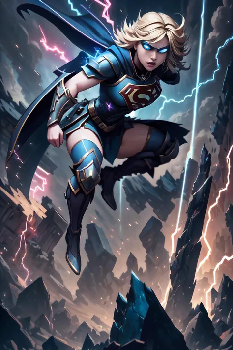 (raw photo, masterpiece, best quality, high detail, dynamic action pose), (8k, view from below, low angle, cinematic lighting, photorealistic, realistic), pov from below, 1girl, beautiful supergirl:.1 wearing edgThunderstruck_armor:1.6 floating in the sky, outdoors, (edgThunderstruck:1.4), (electrified:1.4), blonde, blue eyes, boots, hovering, superhero, bloom:.6, (serious), clouds,  <lora:Supergirl:.1> <hypernet:sxzBloom_sxzBloom:.6> <lora:edgThunderstruck:1>