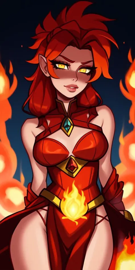 masterpiece, best quality, 1girl, solo, hairstyle, eyes, lips, detailed face, dyed hair, sexy, revealing dress, fantasy, magic, fire, flames, burning eyes of fire, fire mage, wizard, sorcerer, Triss Merigold