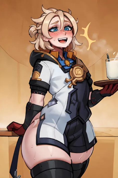 (masterpiece:1.3), (best quality:1.1), (ultra detailed:1.2), absurdres, highres, perfect eyes, perfect face, , <lora:albedo:1>, albedo (genshin impact), ((flat chest)), <lora:undressing_another_v0.5:1>, clothes lift, shirt lift, pulled by another, lifted by another, undressing another, hands, <lora:FemboyCurvy:1>, plump, (mature), wide hips, thick thighs, massive ass, glistening skin, black gloves, black thigh highs, <lora:constricted_pupils_v0.2a:1> , wide eyes, constricted pupils, sweating, blush, open mouth