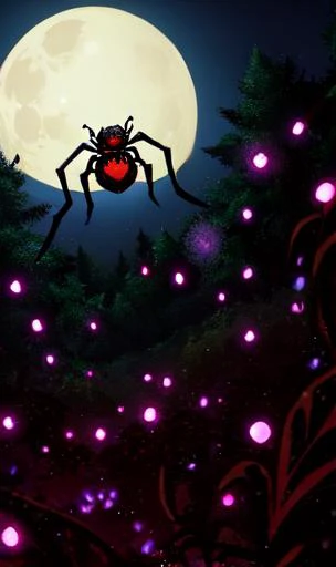 horror \(theme\), cute,cute spider,in a forest,night,moon,spider glows