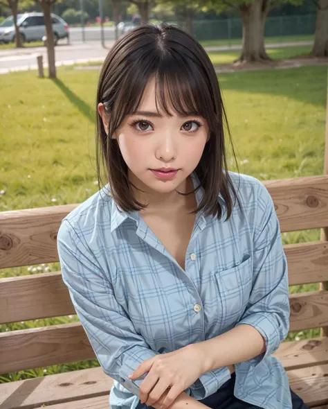 pureerosface_v1, best quality, photorealistic, 8k, high res, full color, 1girl, woman, 20 years old woman, (closed mouth:1.83), (skindentation), (portrait:0.6), trees, park bench, daylight, ((park background:1.52)), full color, ((bluebuttonedshirt:1.58)), looking at viewer:1.8, (1girl eyes looking at viewer:1.55), (medium hair, brownhair, partedbangs:1.45), (bokeh), <lora:AAV-hana:0.69>