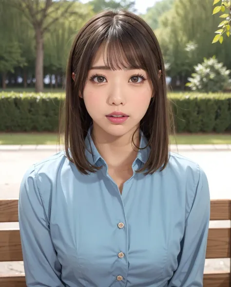 pureerosface_v1, best quality, photorealistic, 8k, high res, full color, 1girl, woman, 20 years old woman, (closed mouth:1.23), (skindentation), (portrait:0.6), trees, park bench, daylight, ((park background:1.52)), full color, ((bluebuttonedshirt:1.58)), looking at viewer:1.8, (1girl eyes looking at viewer:1.55), (medium hair, brownhair, partedbangs:1.45), (bokeh), <lora:AAV-hana:0.69>