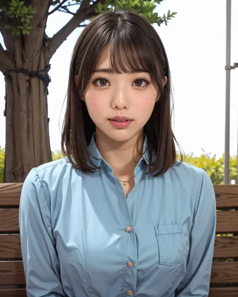 pureerosface_v1, best quality, photorealistic, 8k, high res, full color, 1girl, woman, 20 years old woman, (closed mouth:1.83), (skindentation), (portrait:0.6), trees, park bench, daylight, ((park background:1.52)), full color, ((bluebuttonedshirt:1.58)), looking at viewer:1.8, (1girl eyes looking at viewer:1.55), (medium hair, brownhair, partedbangs:1.45), (bokeh), <lora:AAV-hana:0.69>