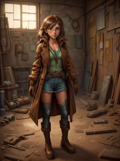 [Caitlin Stasey|AJ Lee], crayon (medium) style, trench coat, leather gloves, and aviator goggles, A place with oil stains on the floor with remains of bodywork and screws and a lot of rusty things