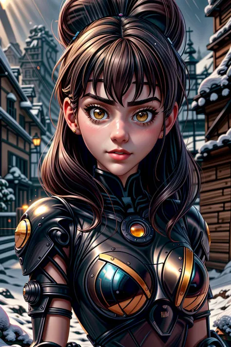 RAW photo, Chaya, beautiful warrior woman, snow, soft lighting, gloves, PA7_Photo <lora:LORA-XenoDetailer-v3A:1>
