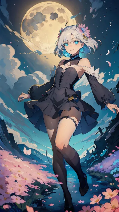 masterpiece, best quality, 1girl, (colorful),(delicate eyes and face), volumatic light, ray tracing ,extremely detailed CG unity 8k wallpaper,solo,smile,intricate skirt,((flying petal)),(Flowery meadow) sky, cloudy_sky, moonlight, moon, night, (dark theme:1.3), light, fantasy, windy, magic sparks, dark castle,white hair,(full body),
(tutugp:1.2),
 <lora:tutugp_20230727014344-000010:0.95>