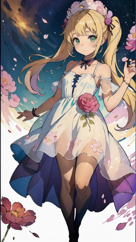 (masterpiece, high quality, highres,illustration),blurry background,[(white background:1.2)::5],cowboy shot, spring \(season\),(no light:1.1),(temptation:1.2),elegance, (1loli:1.1),(very long hair:1.1),(blush:0.7),floating hair,ahoge,deep sky,star \(sky\), (summer (Floral:1.2) dress:1.1),outline,(see-through:0.85),shining,low twintails, (polychromatic peony:1.15),Movie poster,(colorful:1.1),ornament,petals, ribbon,(full body),
(tutugp:1.2),
 <lora:tutugp_20230727014344-000010:0.9>