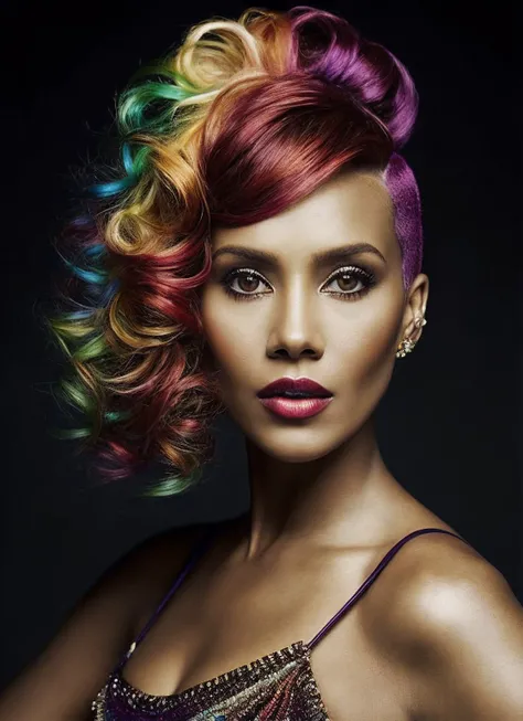 portrait of sks woman by Flora Borsi, style by Flora Borsi, bold, bright colours, rainbow Mohawk haircut, ((Flora Borsi)), <lora:locon_vivicafox_v1_from_v1_64_32:1>