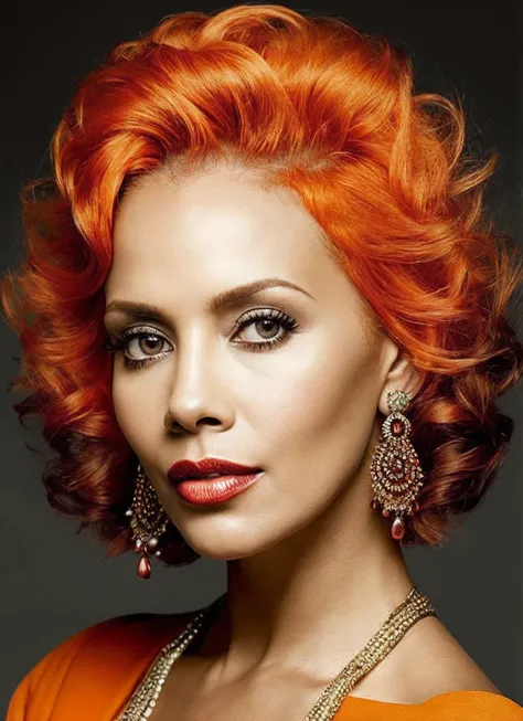 portrait of sks woman by Flora Borsi, style by Flora Borsi, bold, bright colours, orange Mohawk haircut, ((Flora Borsi)), <lora:locon_vivicafox_v1_from_v1_64_32:1>