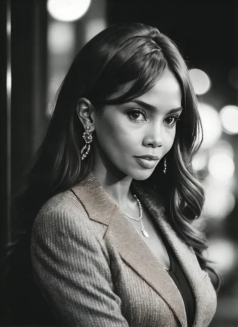 candid RAW close up portrait photo of sks woman in a (purple colored suit:1.0) on a dark street with shopping windows (at night:1.2), bokeh, Ilford Delta 3200 film, dof, high definition, detailed, intricate, flashlight, <lora:locon_vivicafox_v1_from_v1_64_32:1>