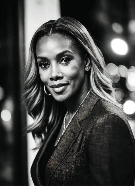 candid RAW close up portrait photo of sks woman in a (purple colored suit:1.0) on a dark street with shopping windows (at night:1.2), bokeh, Ilford Delta 3200 film, dof, high definition, detailed, intricate, flashlight, <lora:locon_vivicafox_v1_from_v1_64_32:1>