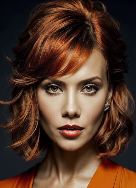portrait of sks woman by Flora Borsi, style by Flora Borsi, bold, bright colours, orange Mohawk haircut, ((Flora Borsi)), <lora:locon_vivicafox_v1_from_v1_64_32:1>