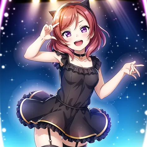 nishikino maki, best quality, ultra high res, 1girl, solo focus, ((black mini see through dress)), elbow dress, black thighhighs, frills, ribbons, studio background,floating hair, looking at viewer, facing front, smiling, laughing, cute,