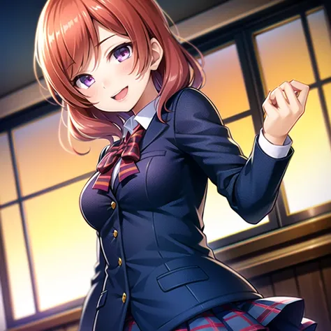nishikino maki, best quality, ultra high res, 1girl, solo focus, ((school uniform)), floating hair, looking at viewer, facing front,