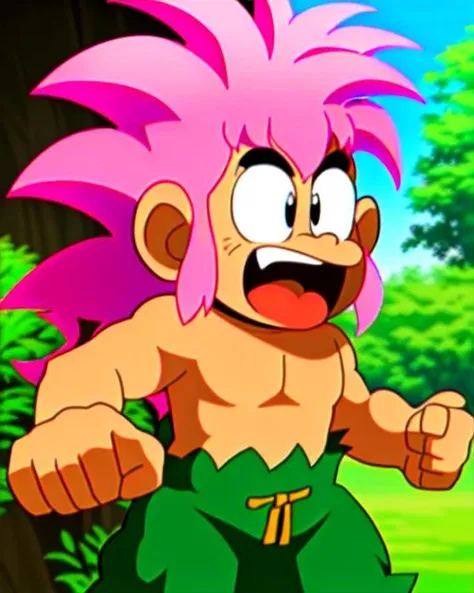 best quality, <lora:tombathemighty:0.8>, tombathemighty, 1boy, open mouth, pink hair, spiked hair, fang, pants, topless male, male focus, solo, pointing, pointing at viewer, outdoors, nature, upper body