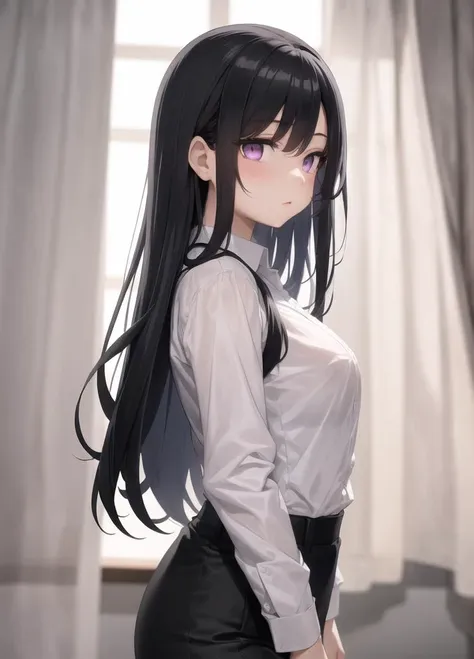 masterpiece,best quality,1girl,dark,simple background,curtains,windows,dark formal shirt,black pants,upper body,violet eyes,long black hair