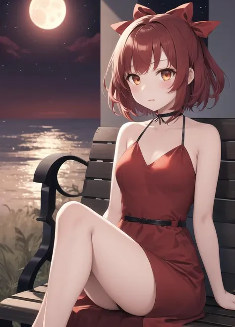 best quality,1girl,dark,crimson sky,moon,sitting,bench,red dress,short red hair,hair ribbon,moon