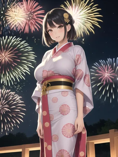 1girl, best quality, japanese clothes, arms behind back, huge breasts, fireworks display, festive atmosphere, yukata, intricate patterns, flowing fabric, vibrant hues, gold accents, obi belt, floral motifs, hair adorned with ornaments, fireworks bursting in the night sky, brilliant explosions of color, shimmering sparks, trails of light