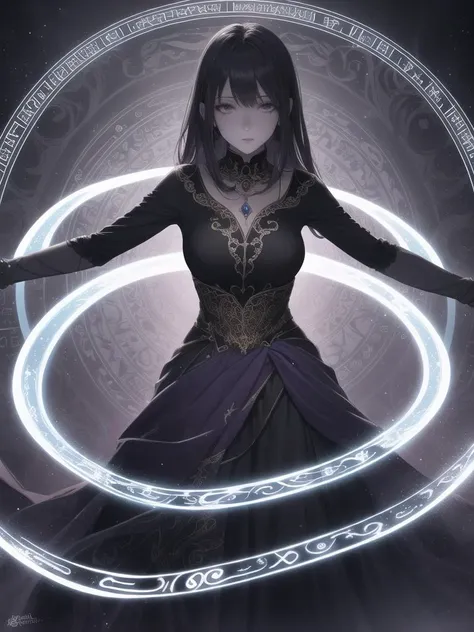 1girl, best quality, upper body,leaning forward,arms behind back, mystical style, dark and rich colors, long dark dress, enchanting atmosphere, large magic circle, ancient and intricate symbols, flowing fabric, deep purple hues, ethereal patterns,