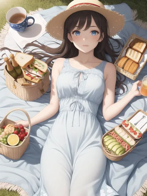 1girl, best quality, girl on the moon, celestial setting, picnic scene, serene and peaceful atmosphere, flowing dress, pale blue and white hues, floral patterns, straw hat, wicker picnic basket, cozy blanket, tea set, sandwiches and fruits, gentle breeze, floating ribbons, golden sunlight