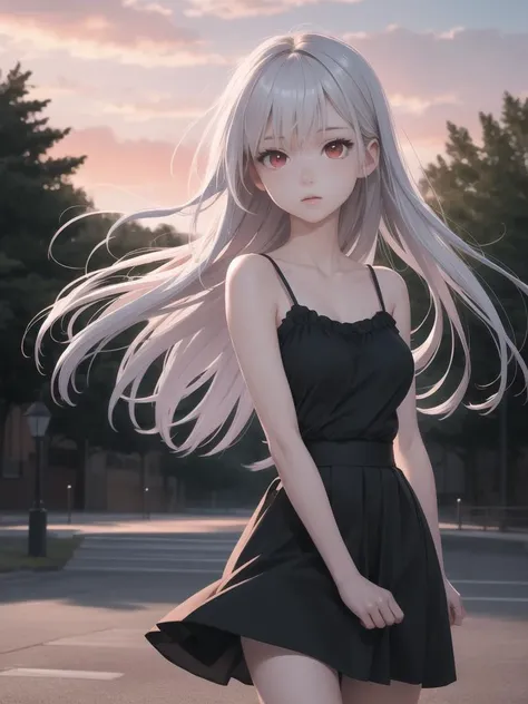 masterpiece,best quality,1girl,park,crimson sky,wind blowing softly,black sundress,skirt,long white hair,red eyes,