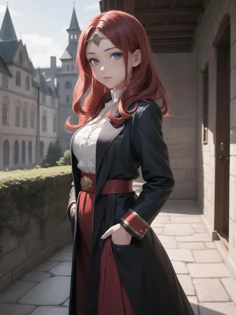 masterpiece,best quality,1girl,courtyard,[castle in backround],royal attire,circlet,blue eyes,red hair,looking at viewer,hands in pockets