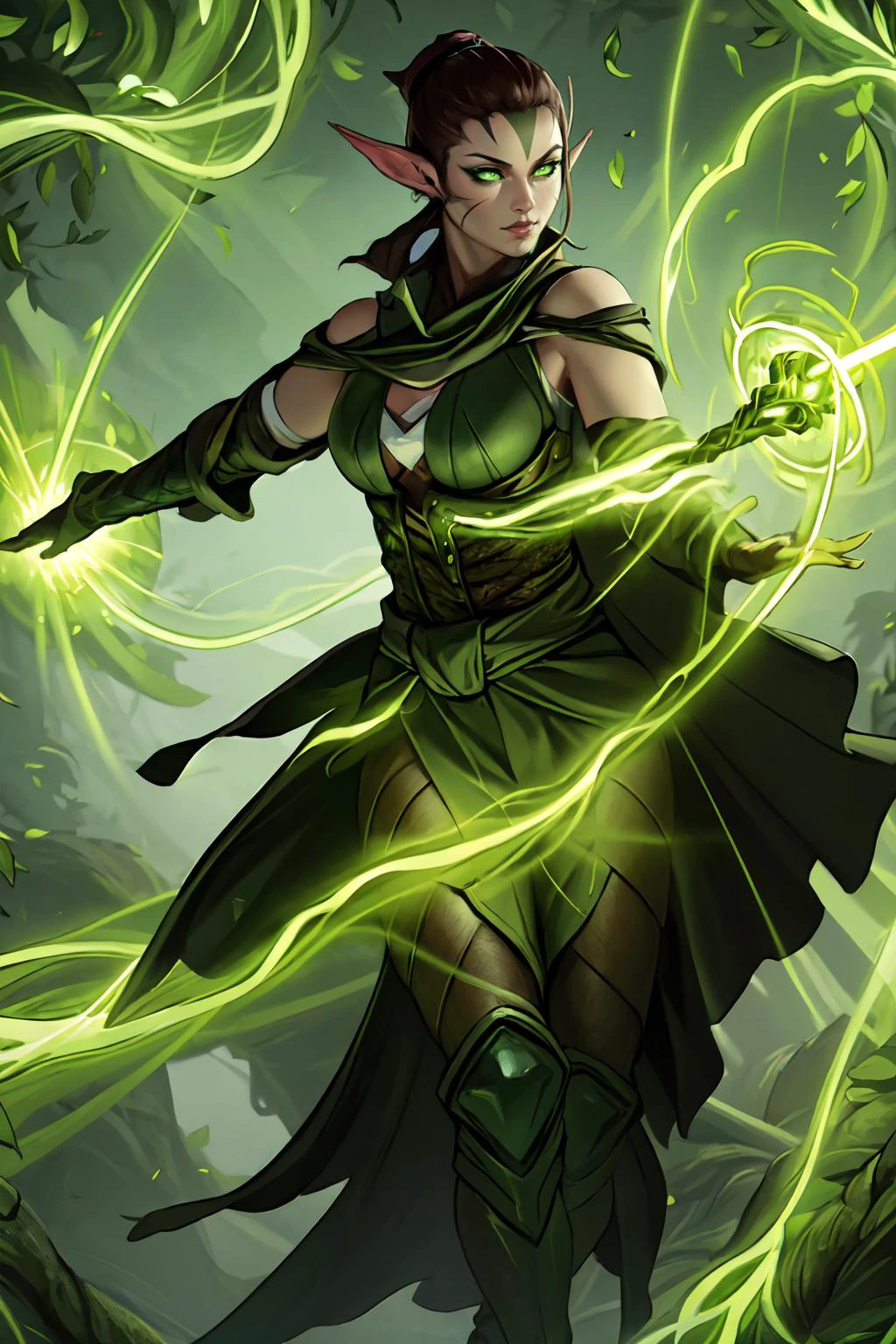 (masterpiece, 8k, 4k, extremely detailed, best quality, absurdres:1.4) nice hands, perfect hands, 1girl, mature, milf, huge tits, <lora:Nissa:1> brown ponytail, hair pulled back, green eyes,facial mark,, Nissa, mage staff,holding, casting nature magic, magical leaves and vines glowing green, wind all around, magic