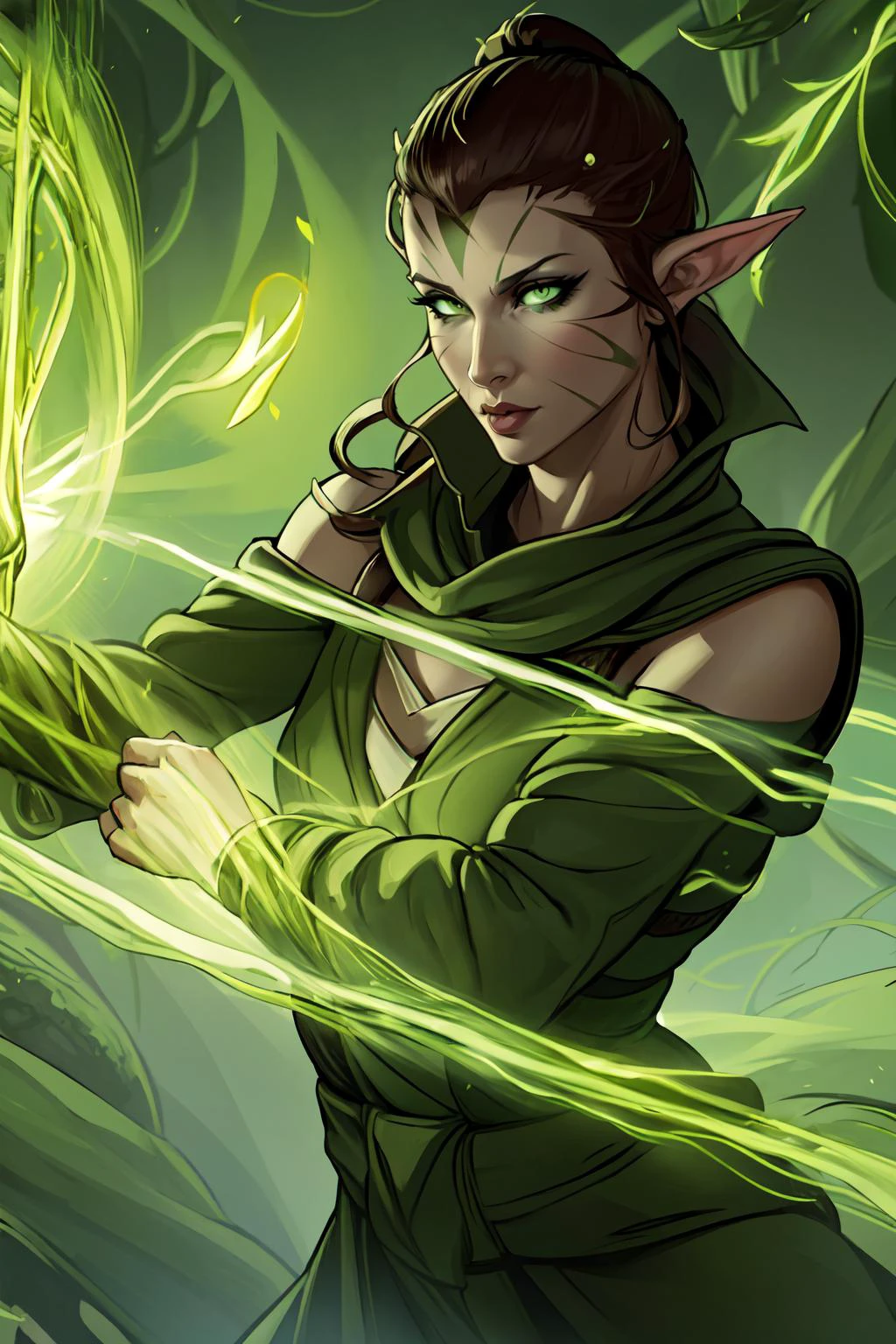 (masterpiece, 8k, 4k, extremely detailed, best quality, absurdres:1.4) nice hands, perfect hands, 1girl, mature, milf, huge tits, <lora:Nissa:1> brown ponytail, hair pulled back, green eyes,facial mark,, Nissa, mage staff,holding, casting nature magic, magical leaves and vines glowing green, wind all around, magic