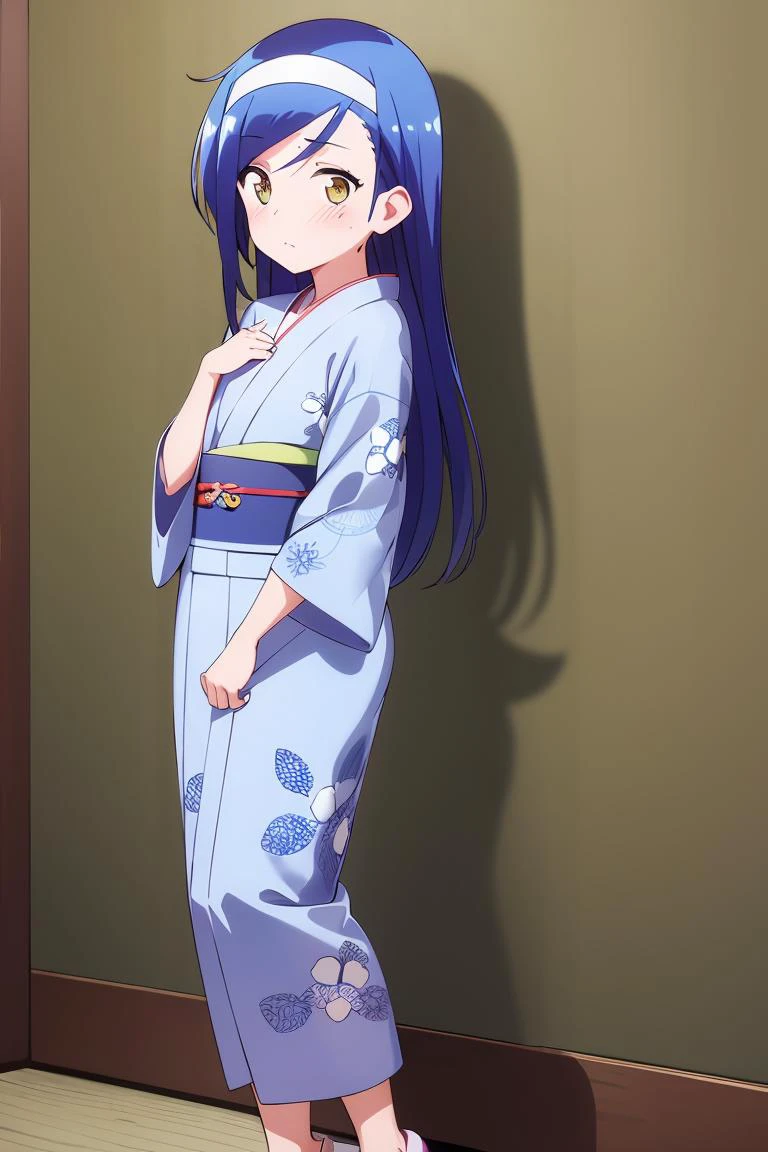 (masterpiece, best quality), <lora:fumino_v2:0.7> , fumino furuhashi, hair bum, blue_hair, ((ambar_eyes)), full body, slim body, flat chest, kimono, yukata, blush, ((solo)), (1girl)