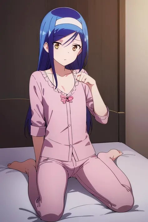 (masterpiece, best quality),   <lora:fumino_v2:0.7> , fumino furuhashi, white hairband, long hair, blue_hair, ((ambar_eyes)), full body, slim body, flat chest, sleeping, pink pajamas, tall, pink pants, bed, ((solo)), 1girl