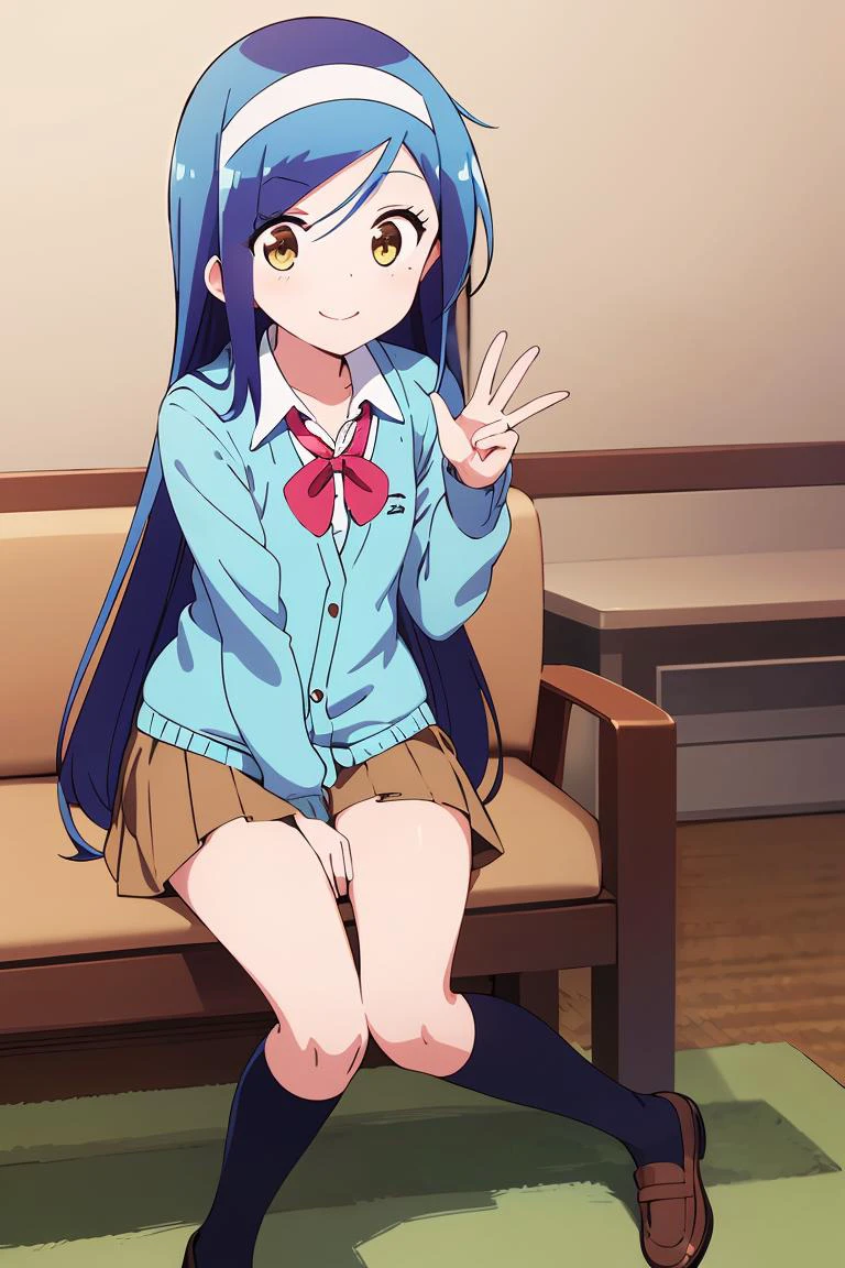 (masterpiece, best quality), <lora:fumino_v2:0.7> , fumino furuhashi, white hairband, long hair, blue_hair, ((ambar_eyes)), full body, school uniform, pleated skirt, slim body, flat chest, smile, (aqua cardigan, sweater:1.2), (brown skirt:1.2), black kneehighs, sitting, v sign,